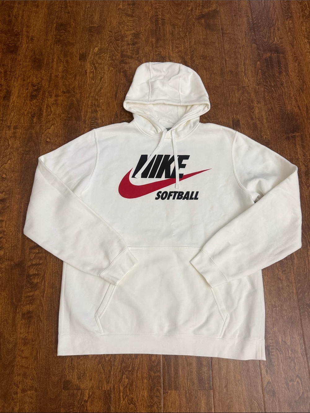 Nike White Crewneck Hoodie with Red and Black Softball Logo - Men's
